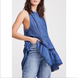 Free People Adelaide Blue Lace Tunic Top Size L NEW